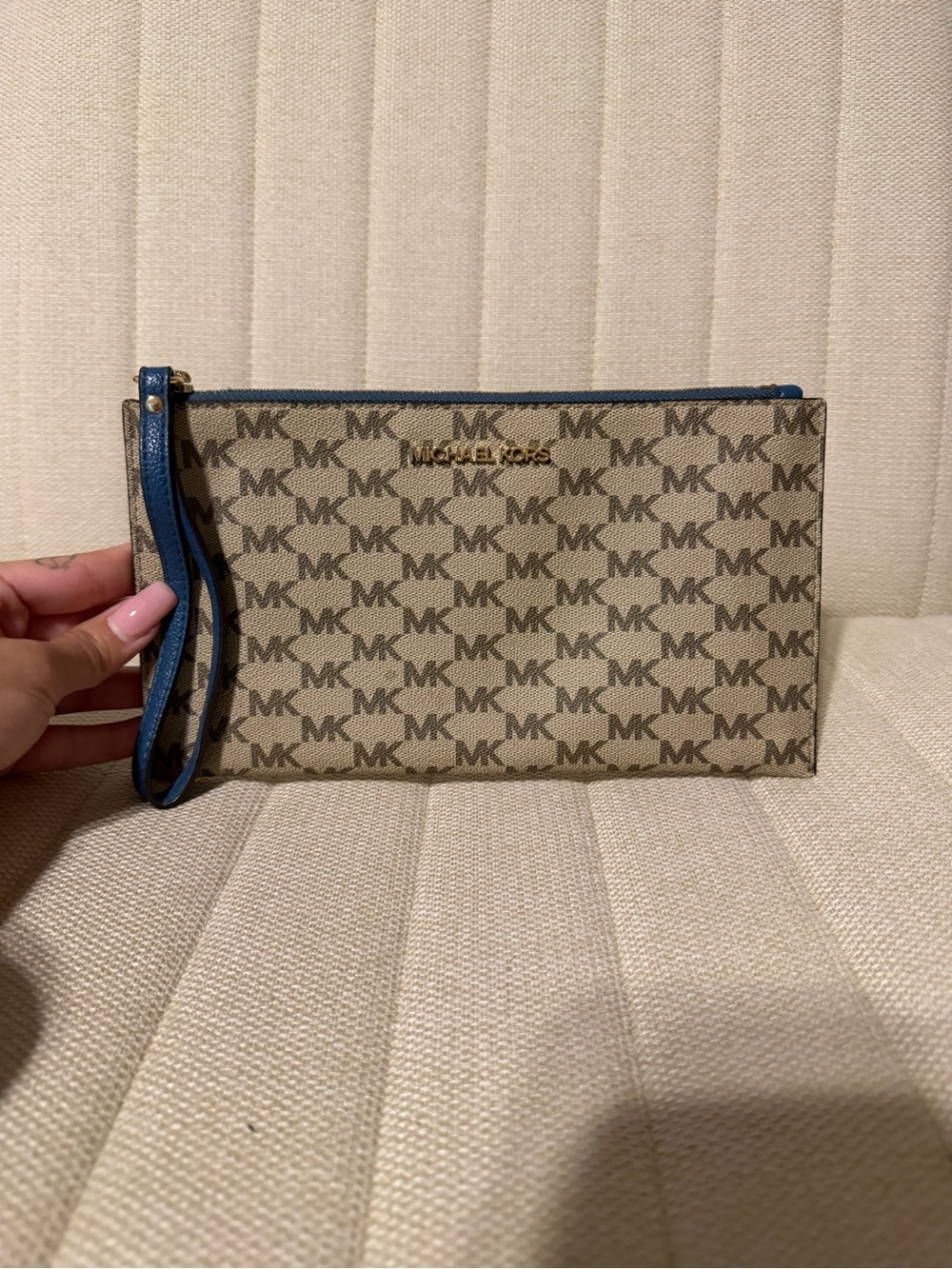 Michael Kors Tan Signature Wristlet with Blue Trim
